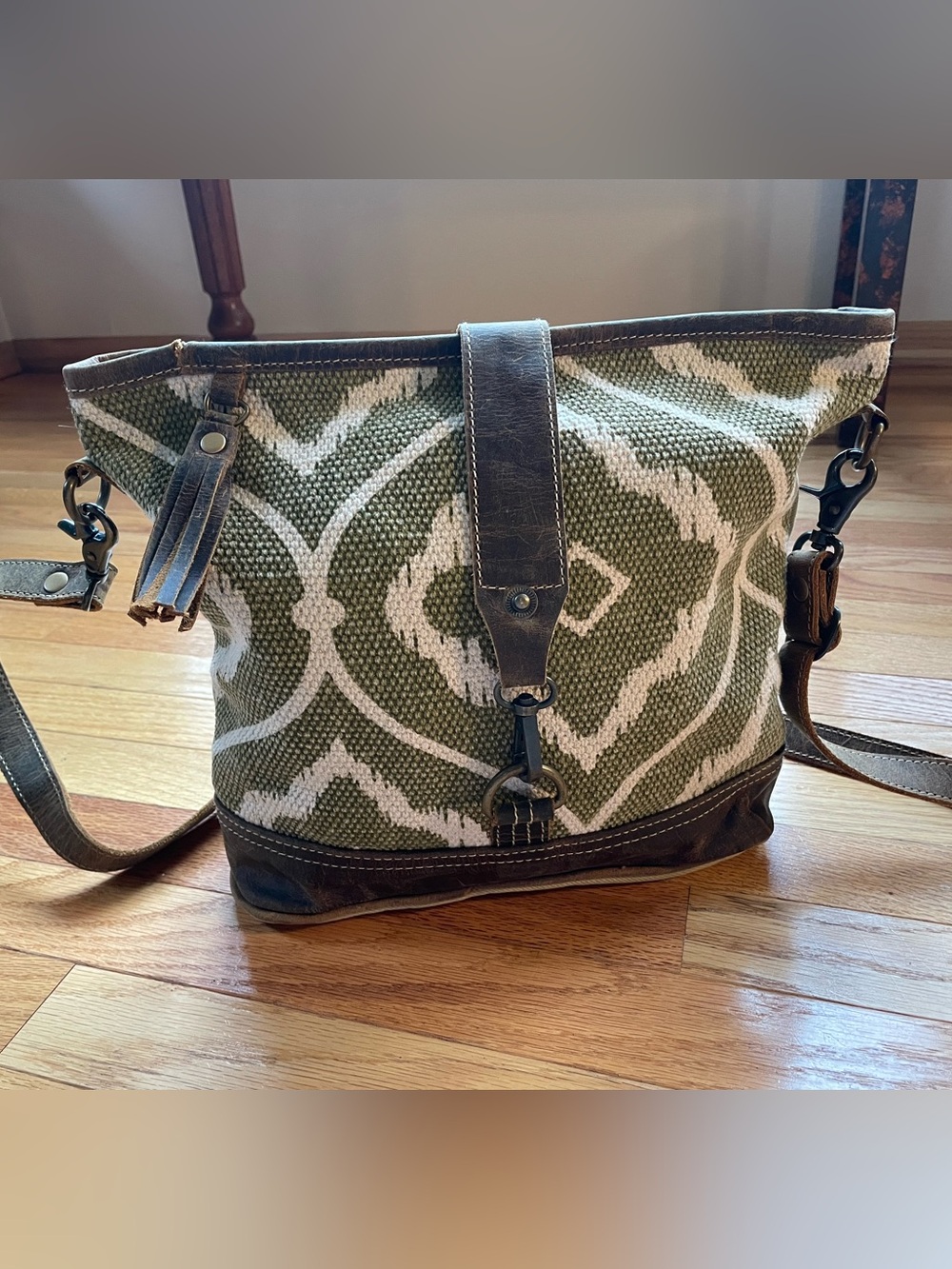Myra Bag Olive Green and White Patterned Shoulder Bag with Brown Leather Trim